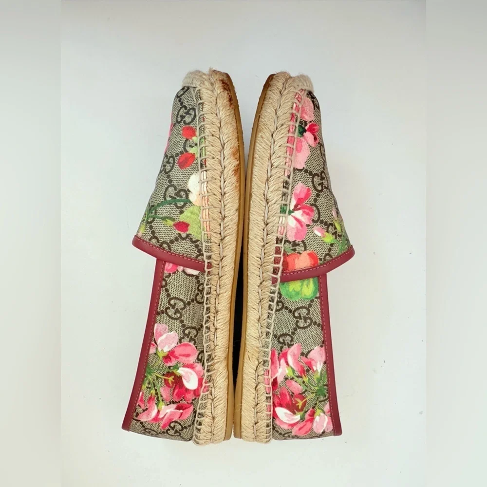 Gucci Pink Bloom Floral Print Logo Monogram Canvas Espadrilles Flats EU 38.5